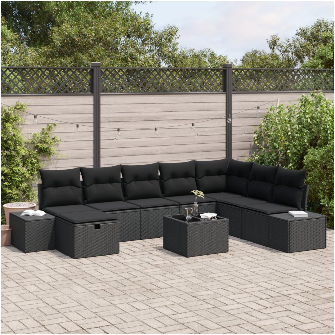 9 Delars Trädgårdsoffset med Kuddar Svart Poly Rottning vidaXL 55 x 62 x 69 cm