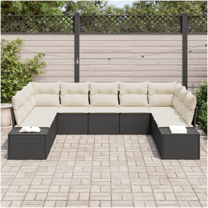 9-delars trädgårdsoffset med kuddar - Svart polyrotting vidaXL 289 x 209 x 69 cm – bild 3