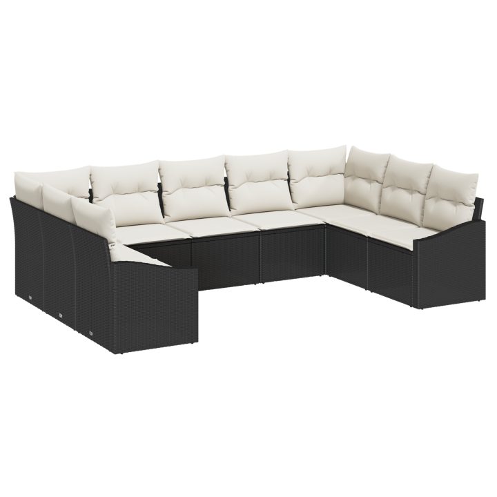 9-delars trädgårdsoffset med kuddar svarta poly rotting vidaXL 289 x 178.5 x 85 cm – bild 2