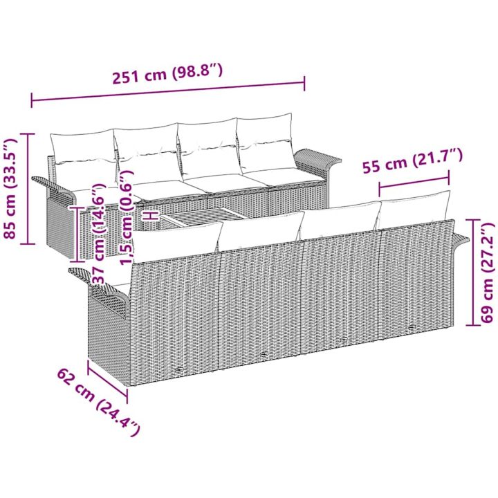 9-delars trädgårdsoffuppsättning med kuddar svart poly rattan akacia vidaXL 55 x 55 x 37 cm – bild 8