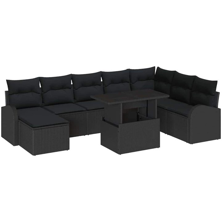 9 Delars Trädgårdsoffuppsättning med Kuddar Svart Poly Rattan vidaXL Stor – bild 2
