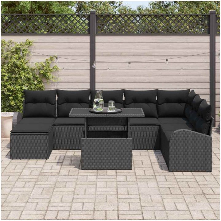 9 Delars Trädgårdsoffuppsättning med Kuddar Svart Poly Rattan vidaXL Stor – bild 3