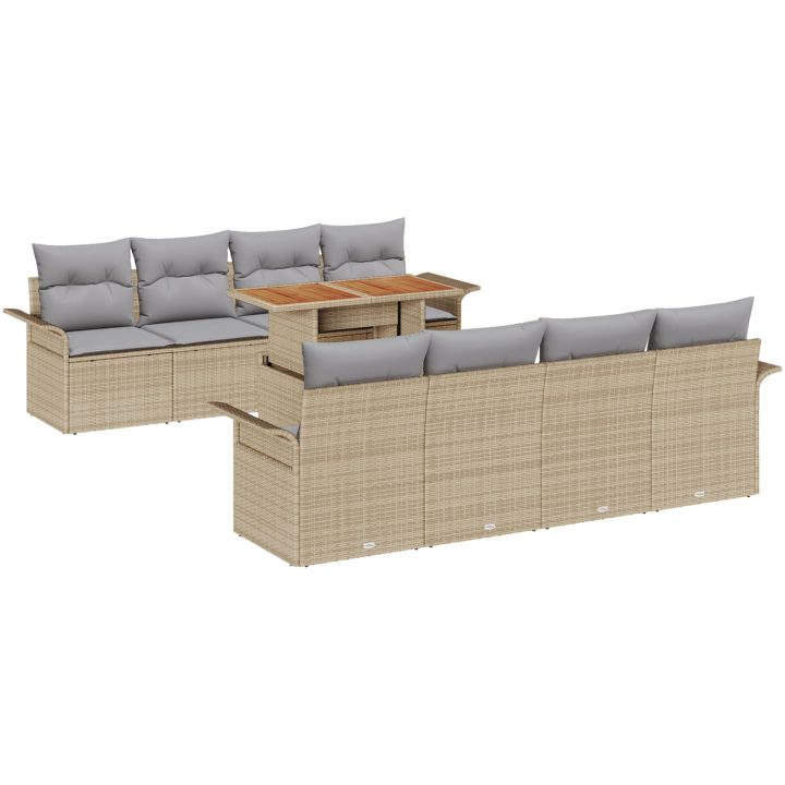 9-delars trädgårdssats med kuddar i beige polyrotting och akacia vidaXL 100 x 55 x 73 cm – bild 2