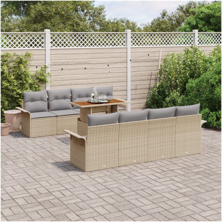 9-delars trädgårdssats med kuddar i beige polyrotting och akacia vidaXL 100 x 55 x 73 cm – bild 3