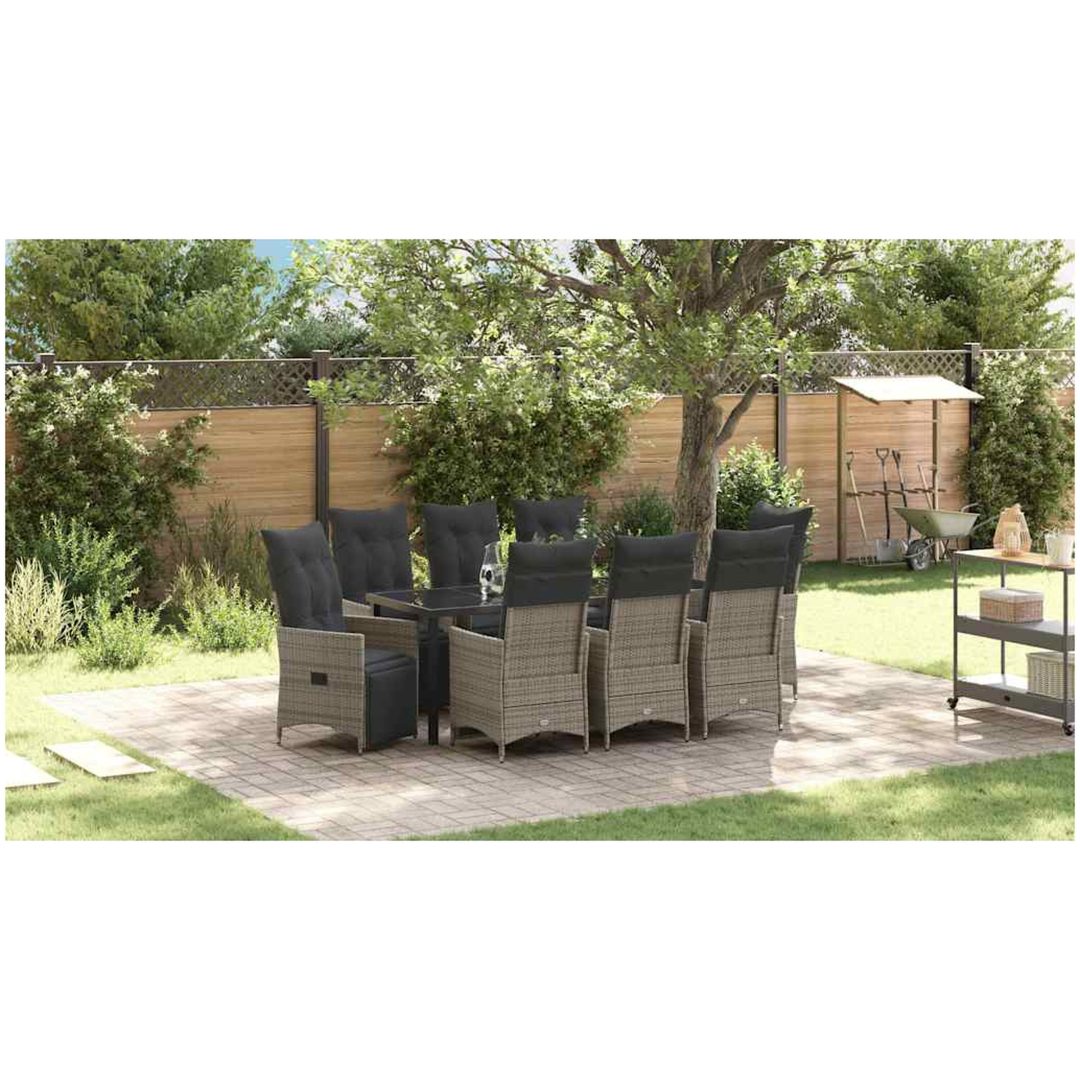 9 Delars Trädgårdsserveringsset med Kuddar i Grå Poly Rattan vidaXL 200 x 80 x 73 cm
