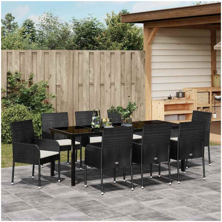 9-delars trädgårdsserveringsset med kuddar, svart poly rattan vidaXL 200 x 80 x 73 cm – bild 4