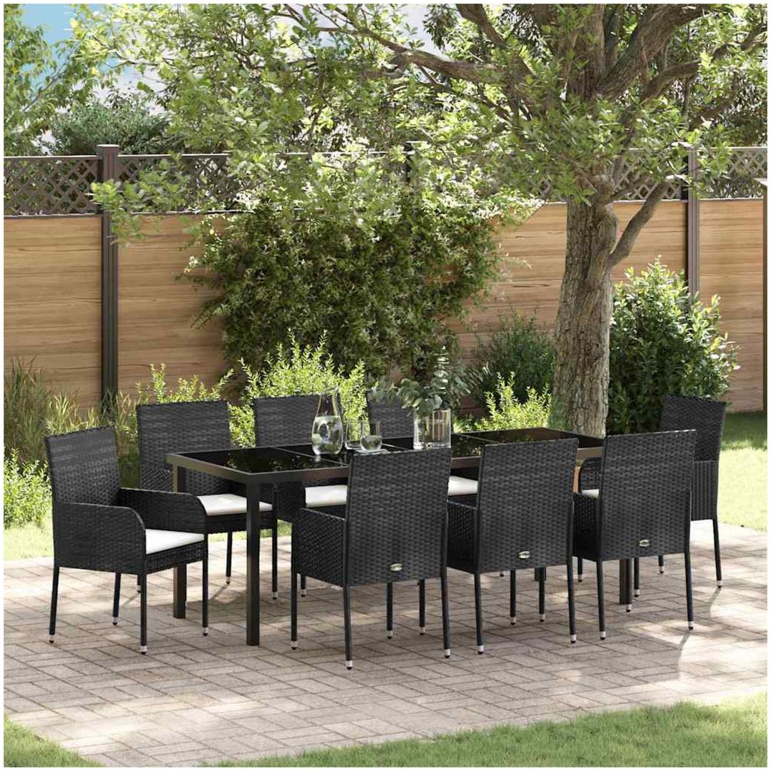 9-delars trädgårdsserveringsset med kuddar, svart poly rattan vidaXL 200 x 80 x 73 cm