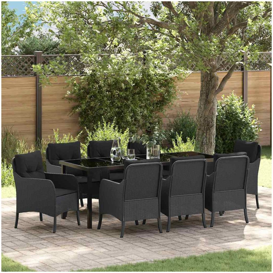 9-delars Trädgårdsserveringsset med Kuddar Svart Poly Rattan vidaXL 200 x 80 x 73 cm