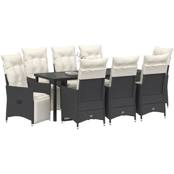 9 Delars Trädgårdsservis med Kuddar i Svart Poly Rattan vidaXL 200 x 80 x 73 cm – bild 3