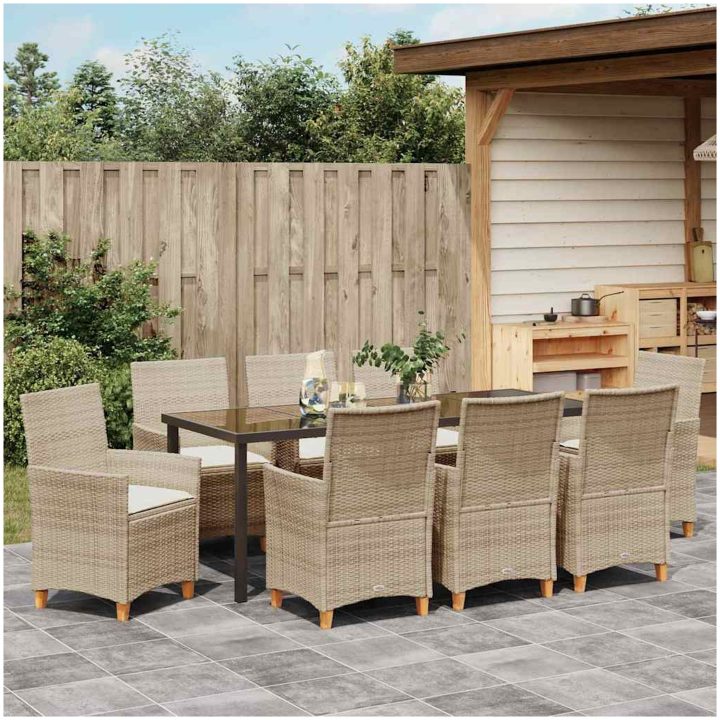 9-delars trädgårdsset med kuddar, beige poly rattan vidaXL 200 x 80 x 73 cm – bild 4