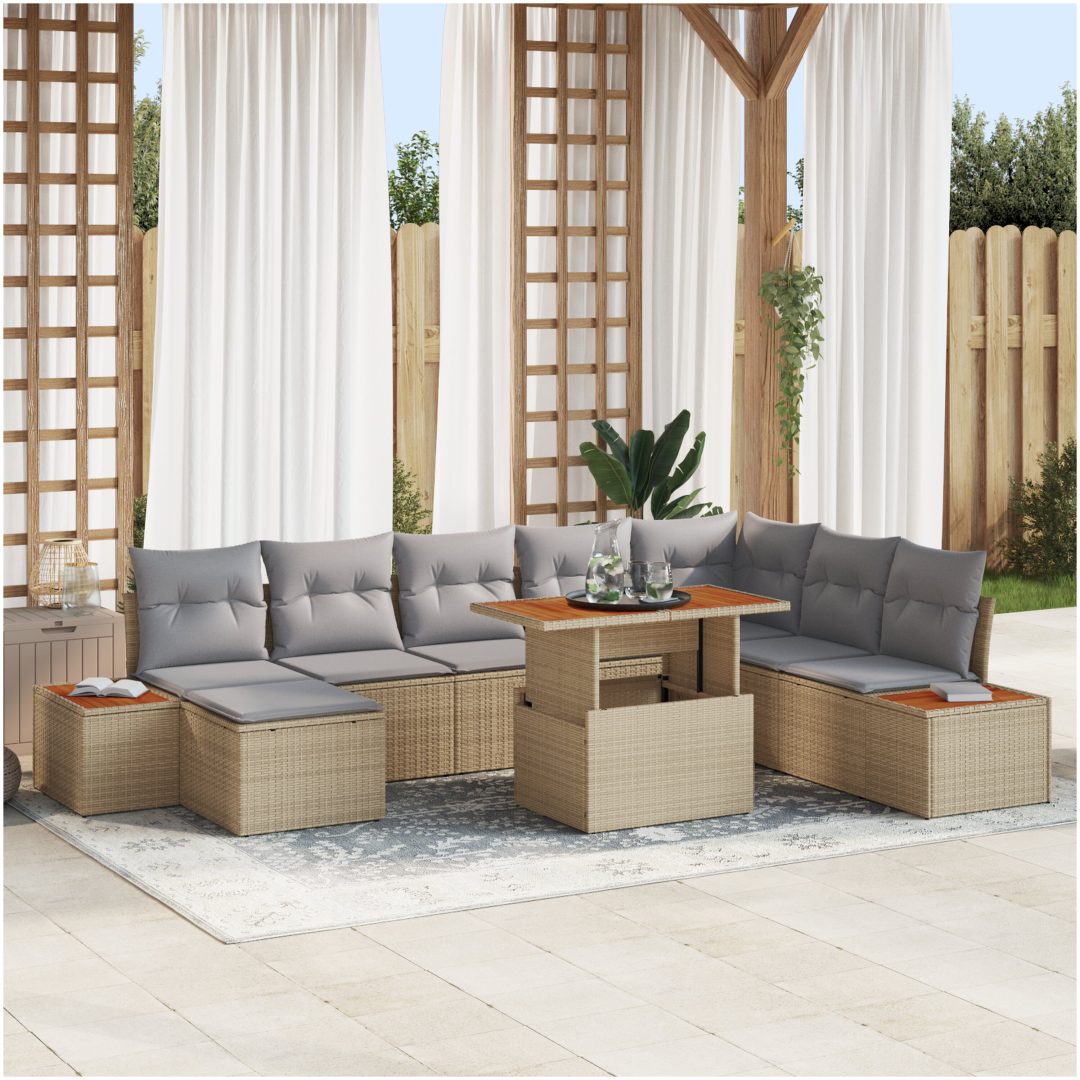 9-delars trädgårdsset med kuddar, beige polyrotting, akacia vidaXL 100 x 55 x 73 cm – bild 7