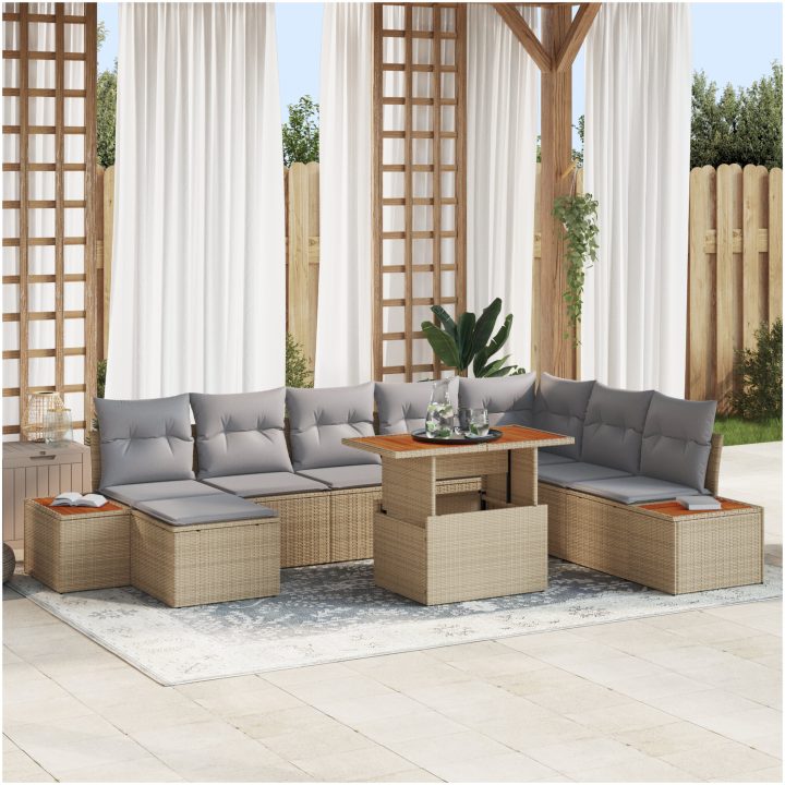 9-delars trädgårdsset med kuddar, beige polyrotting, akacia vidaXL 100 x 55 x 73 cm – bild 7