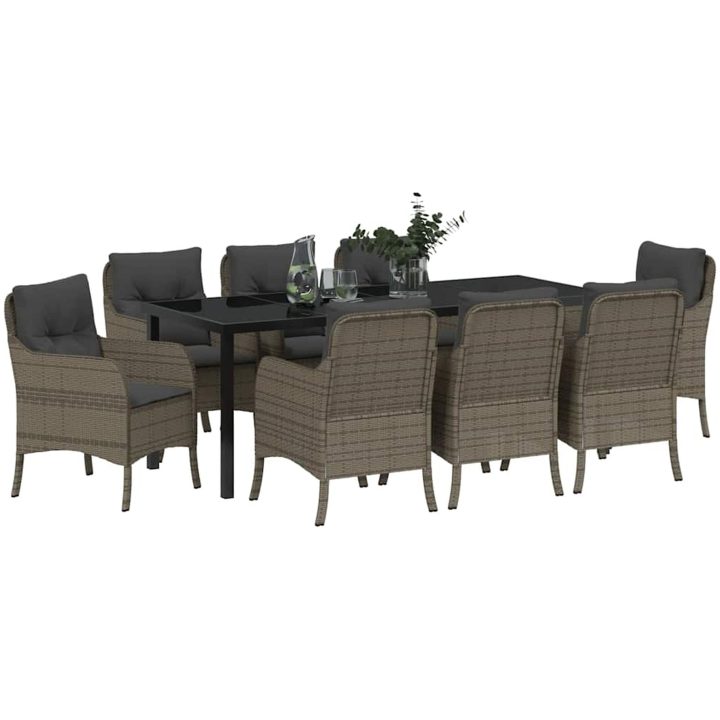 9-delars trädgårdsset med kuddar Grå Poly konstrotting vidaXL 200 x 80 x 73 cm – bild 3