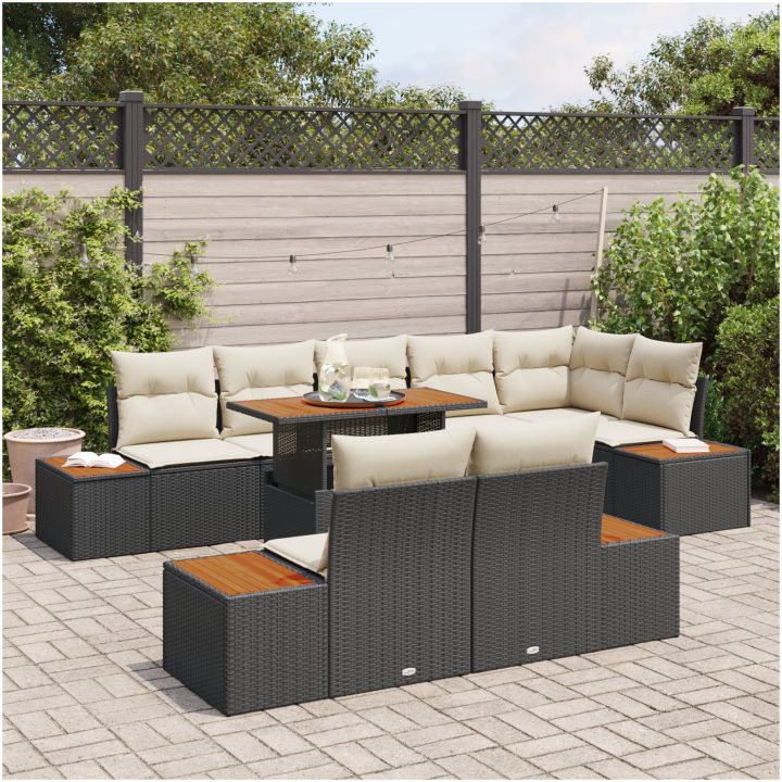 9-delars trädgårdsset med kuddar, svart poly-rattan och akacia vidaXL 100 x 55 x 73 cm – bild 3