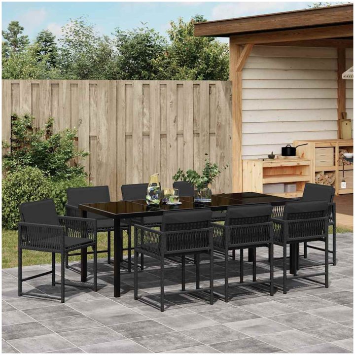 9-delars trädgårdsset med kuddar Svart Poly Rattan vidaXL 200 x 80 x 73 cm – bild 4