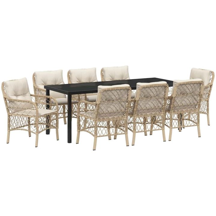 9-delars trädgårdsset med matbord och kuddar i beige poly rattan vidaXL 200 x 80 x 73 cm – bild 2