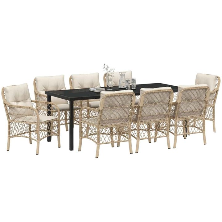 9-delars trädgårdsset med matbord och kuddar i beige poly rattan vidaXL 200 x 80 x 73 cm – bild 3