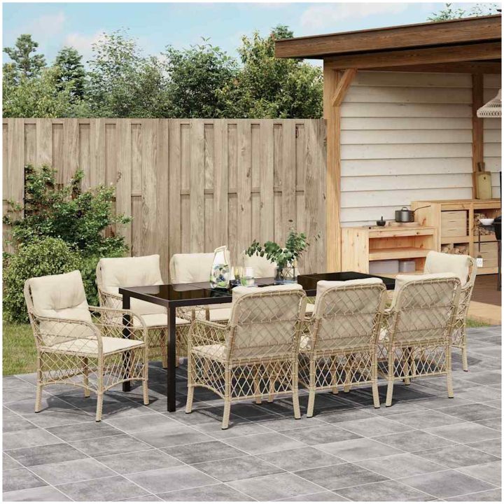 9-delars trädgårdsset med matbord och kuddar i beige poly rattan vidaXL 200 x 80 x 73 cm – bild 4