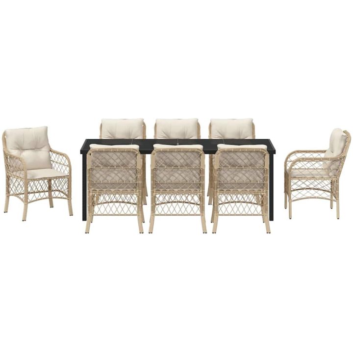 9-delars trädgårdsset med matbord och kuddar i beige poly rattan vidaXL 200 x 80 x 73 cm – bild 7
