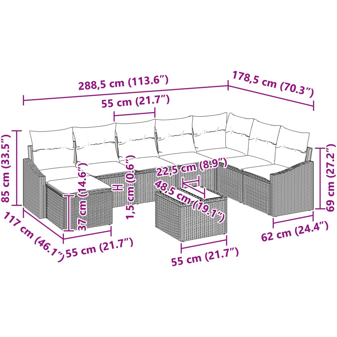 9 Delars Trädgårdssofa Set med Kuddar Beige Poly Rattan vidaXL 288,5 x 178,5 x 85 cm – bild 10
