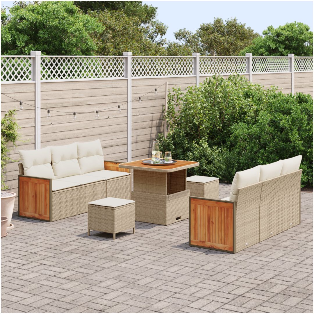 9-delars Trädgårdssoff-set med Dynor Beige Poly Rattan Akacia vidaXL Medium – bild 3