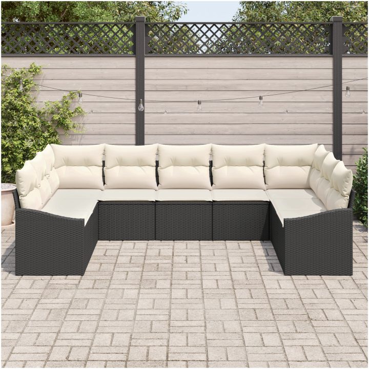 9-delars trädgårdssoff-set med kuddar svart poly rattan vidaXL 289 x 178.5 x 85 cm – bild 3