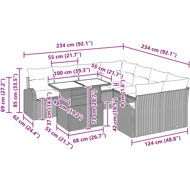 9-delars trädgårdssoffa med kuddar, grå poly-rattan vidaXL 100 x 55 x 73 cm – bild 11