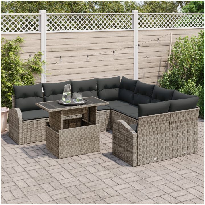 9-delars trädgårdssoffa med kuddar, grå poly-rattan vidaXL 100 x 55 x 73 cm – bild 3