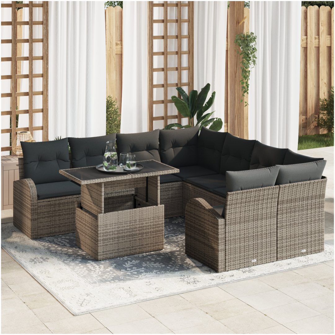 9-delars trädgårdssoffa med kuddar, grå poly-rattan vidaXL 100 x 55 x 73 cm
