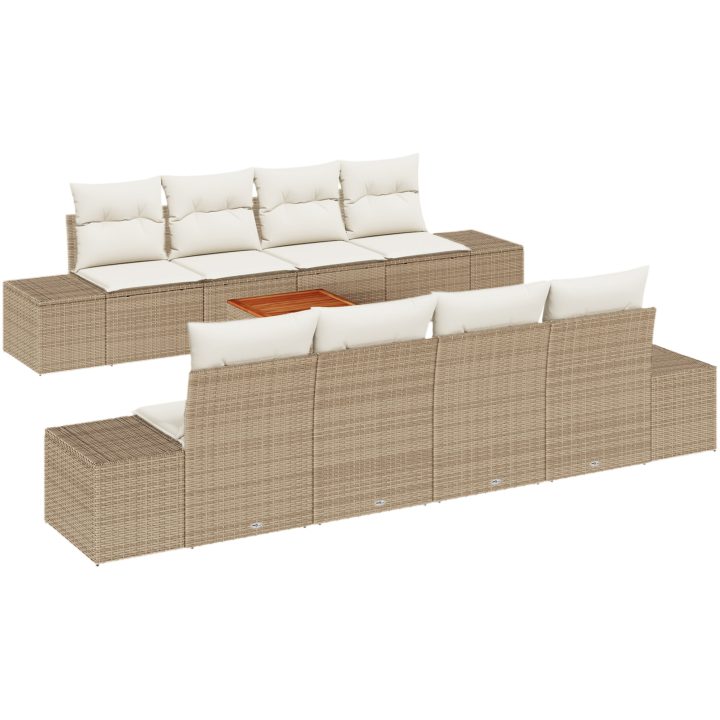 9-delars trädgårdssoffa med kuddar i beige poly-rattan och akacia. vidaXL 55 x 55 x 37 cm – bild 2