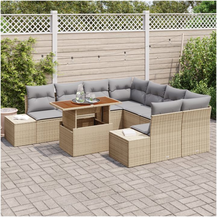 9-delars trädgårdssoffa med kuddar i beige poly-rotting vidaXL 100 x 55 x 73 cm – bild 3