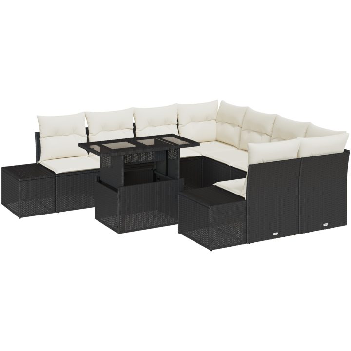 9-delars trädgårdssoffa med kuddar, svart poly-rattan vidaXL 100 x 55 x 73 cm – bild 2