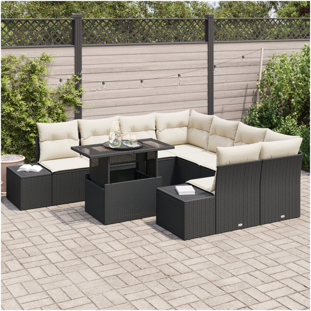9-delars trädgårdssoffa med kuddar, svart poly-rattan vidaXL 100 x 55 x 73 cm – bild 3