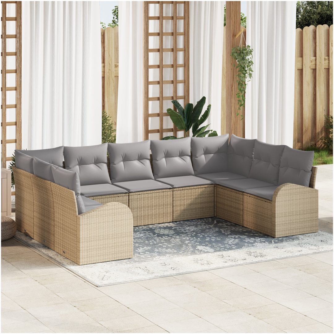 9-delars Trädgårdssoffan med kuddar Beige Poly Rattan vidaXL 289 x 179 x 85 cm