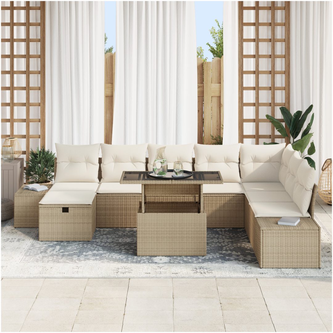 9 Delars Trädgårdssoffgrupp med Kuddar Beige Poly Rattan vidaXL 319 x 209 x 69 cm – bild 3