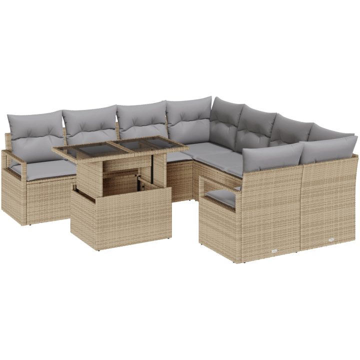 9-delars Trädgårdssoffgrupp med Kuddar Beige Poly Rotting vidaXL Medium – bild 2