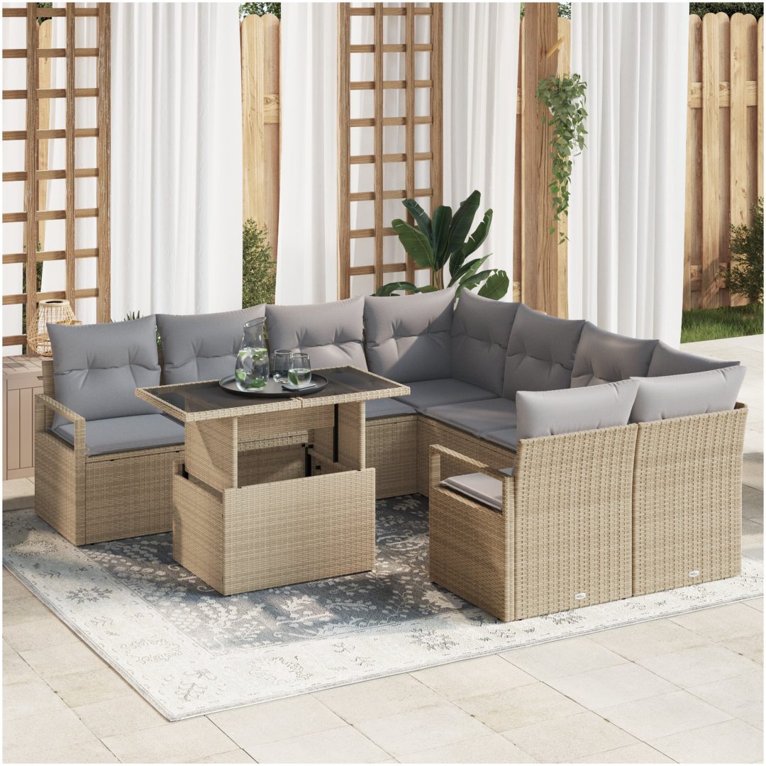 9-delars Trädgårdssoffgrupp med Kuddar Beige Poly Rotting vidaXL Medium