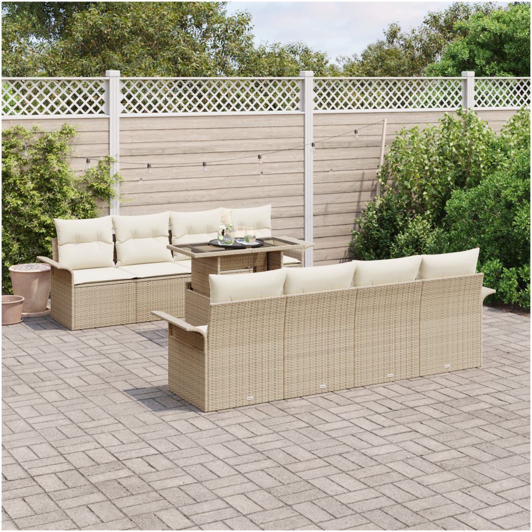 9-delars trädgårdssoffgrupp med kuddar i beige poly-rattan vidaXL 100 x 55 x 73 cm