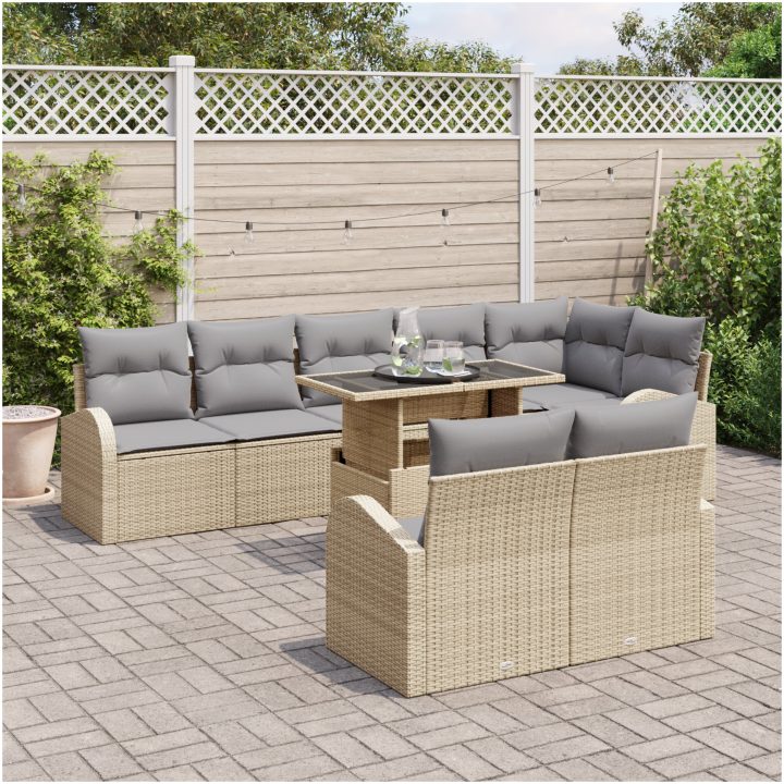 9-delars Trädgårdssoffgrupp med kuddar i beige poly rattan vidaXL 100 x 55 x 73 cm – bild 3