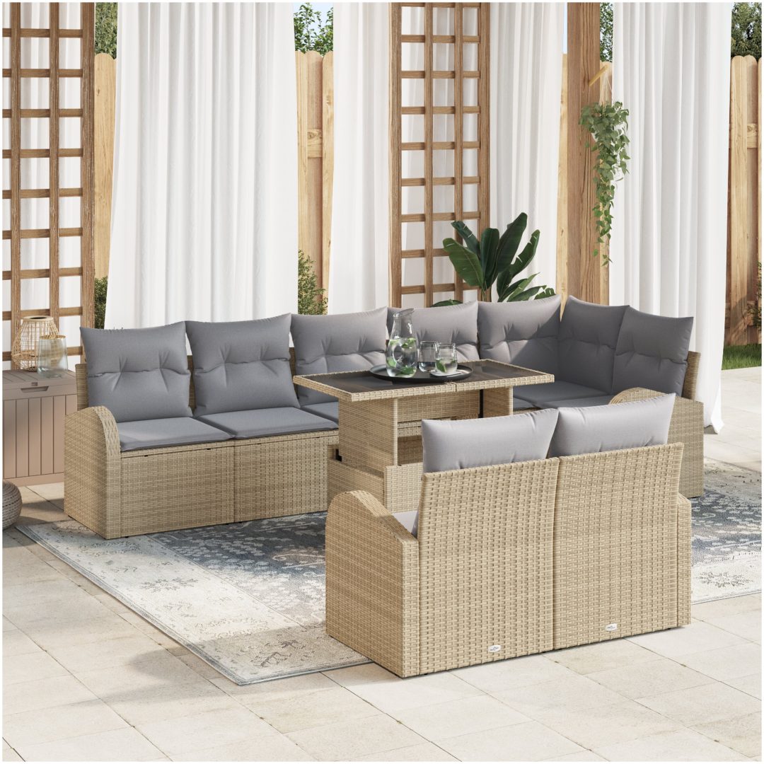 9-delars Trädgårdssoffgrupp med kuddar i beige poly rattan vidaXL 100 x 55 x 73 cm