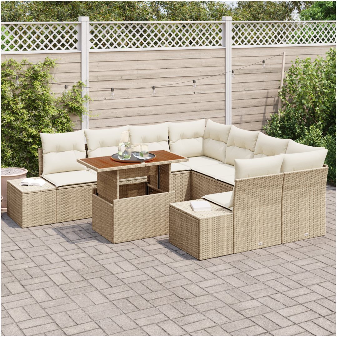 9-delars trädgårdssoffgrupp med kuddar i beige polyrattan vidaXL 100 x 55 x 73 cm – bild 3