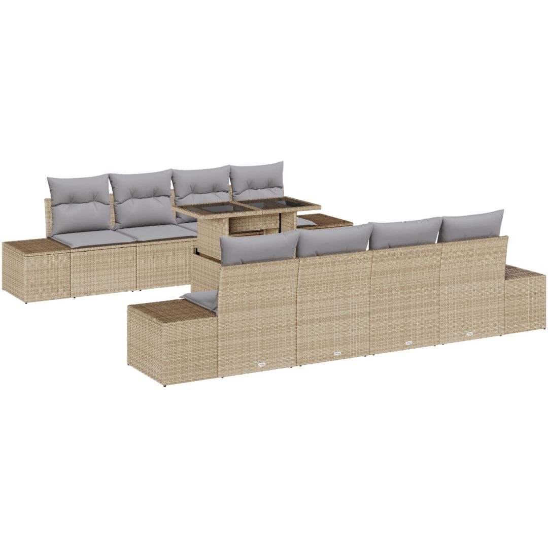 9-delars trädgårdssoffgrupp med kuddar i beige polyrotang vidaXL 100 x 55 x 73 cm – bild 2