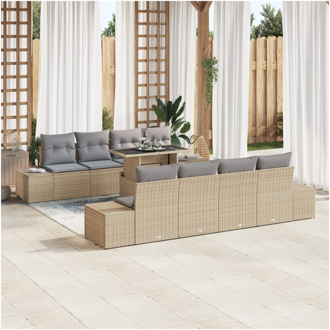 9-delars trädgårdssoffgrupp med kuddar i beige polyrotang vidaXL 100 x 55 x 73 cm