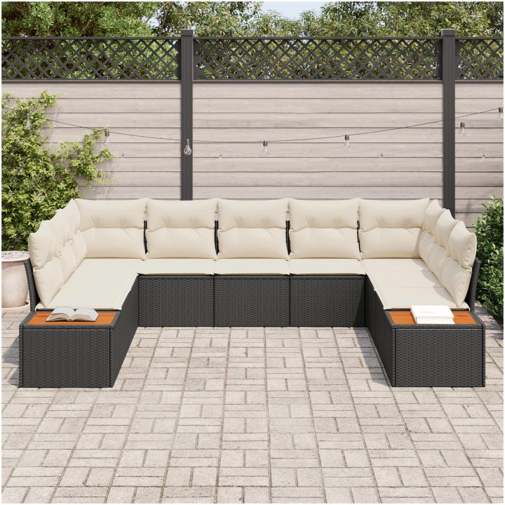 9-delars trädgårdssoffgrupp med kuddar - svart poly rattan & akacia vidaXL 289 x 209 x 69 cm – bild 3