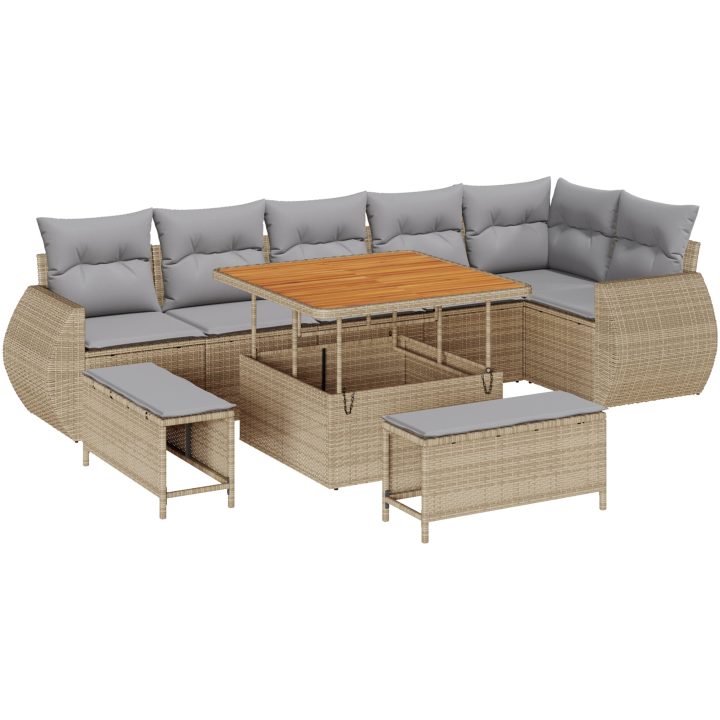 9 Delars Trädgårdssoffset med Kuddar Beige Poly Rattan Akacia vidaXL Stor – bild 2