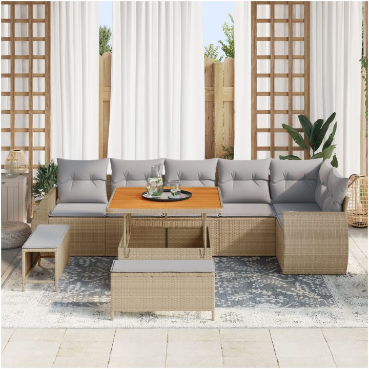 9 Delars Trädgårdssoffset med Kuddar Beige Poly Rattan Akacia vidaXL Stor – bild 3