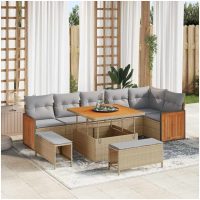 9 Delars Trädgårdssoffset med Kuddar Beige Poly Rattan Akacia vidaXL