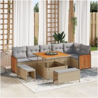 9-delars trädgårdssoffset med kuddar Beige Poly Rattan Akacia vidaXL