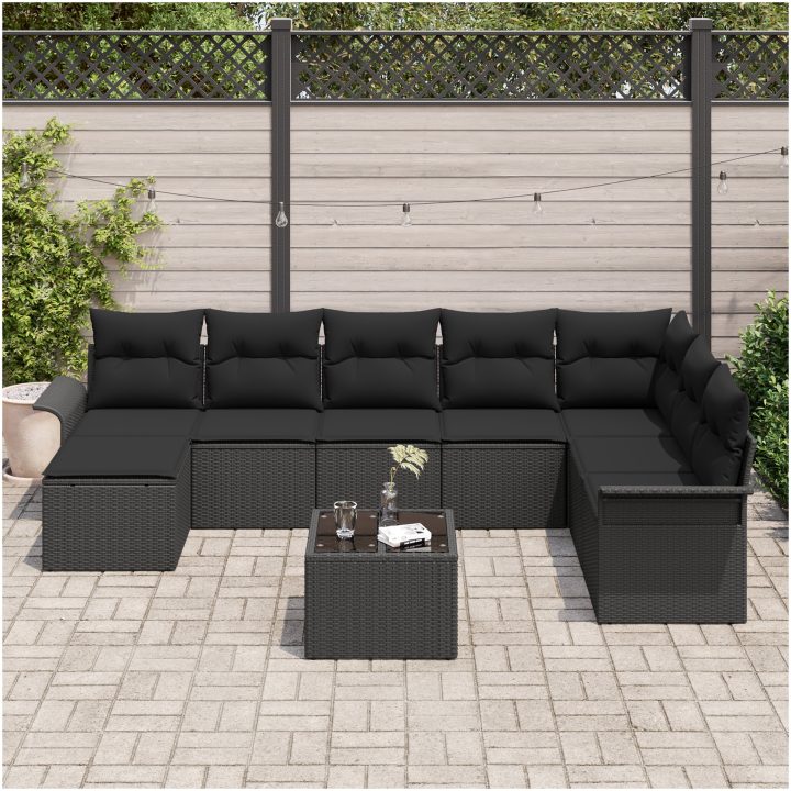 9-delars trädgårdssoffset med kuddar Beige Poly Rattan vidaXL Stor – bild 3