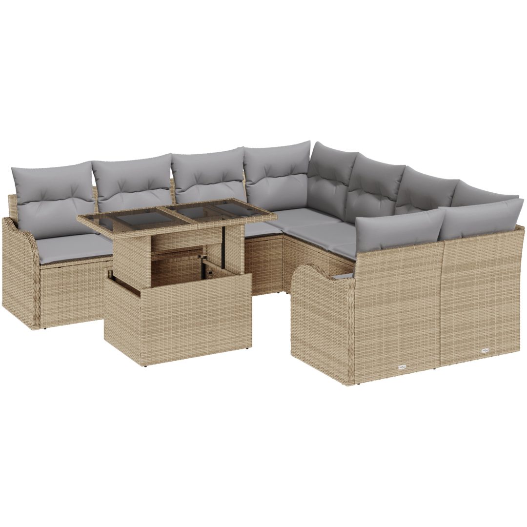 9 Delars Trädgårdssoffset med kuddar Beige Poly Rottning vidaXL Stor – bild 2